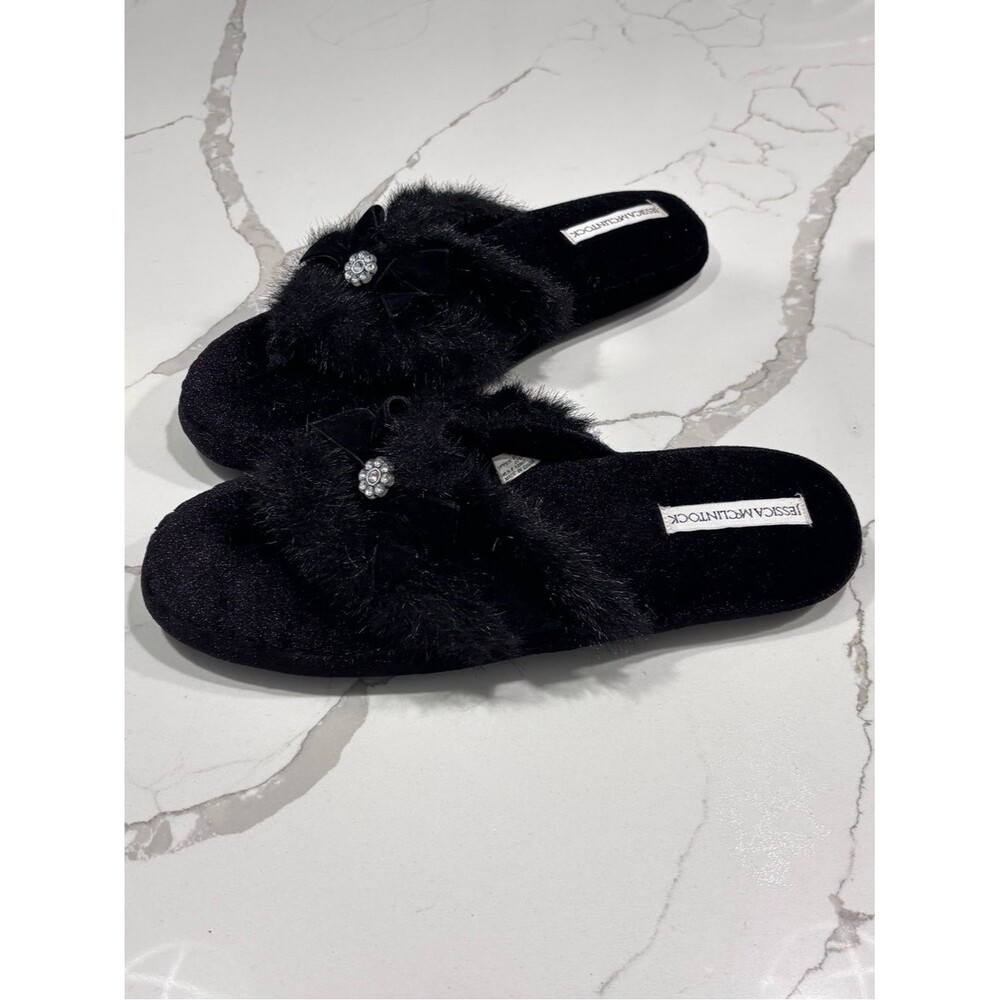 Jessica McClintock Black Faux Fur Slide Slippers Jeweled Accent Size XL 9.5-10.5